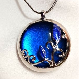 Enamel cobalt blue tree pendant with chain, necklace